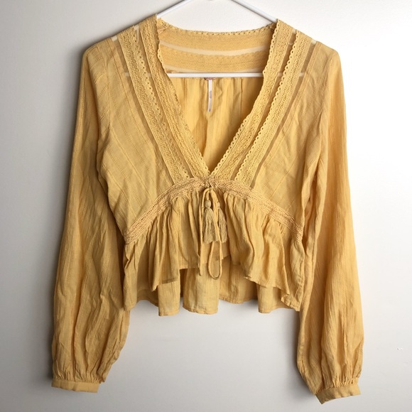 FREE PEOPLE Oberoi Yellow Lace Trim Tassel Blouse - Picture 5 of 11